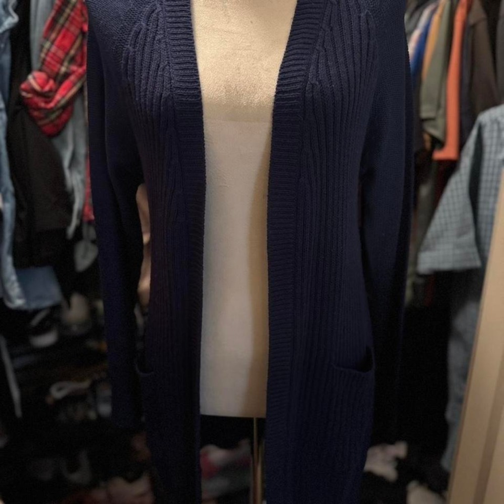 Alyx Navy Blue Ribbed Open Front Longline‎ Cardigan with Elbow Patches Small